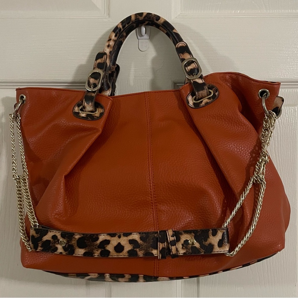 Charming Charlie Orange and Brown Tote with Leopard Accents